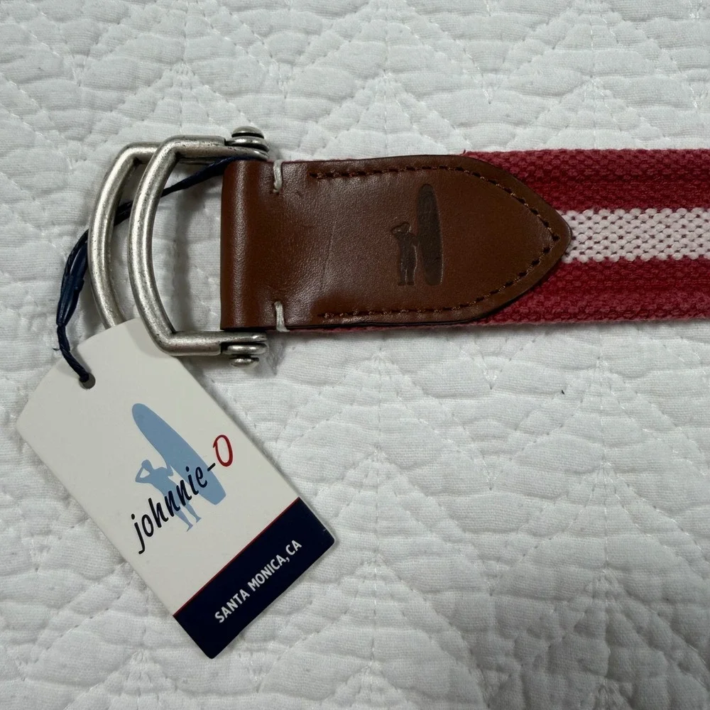 Johnnie-O Mens Striped D-Ring Belt Malibu Red White Canvas Leather Size S NEW‎